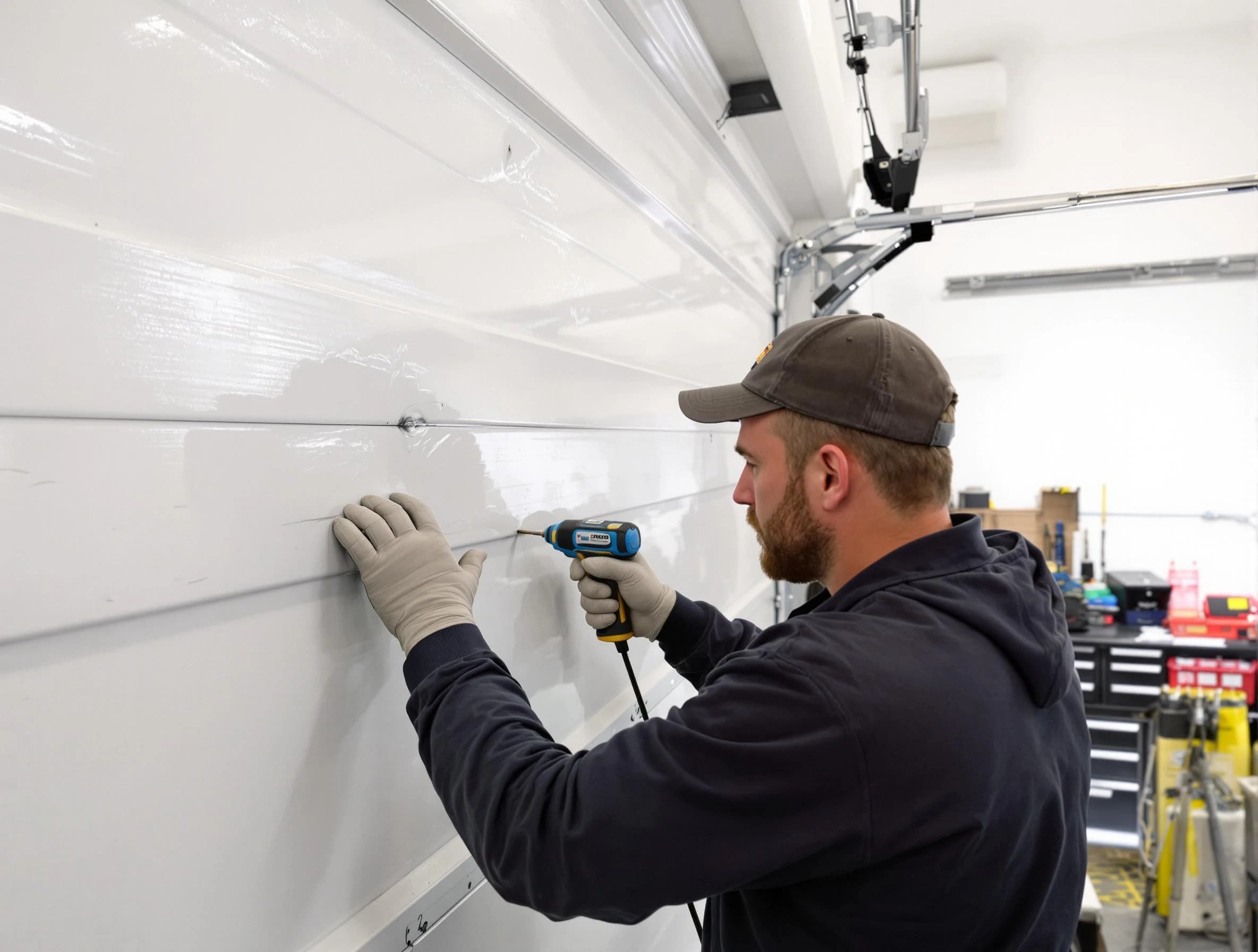 Lyndhurst Garage Door Repair technician demonstrating precision dent removal techniques on a Lyndhurst garage door
